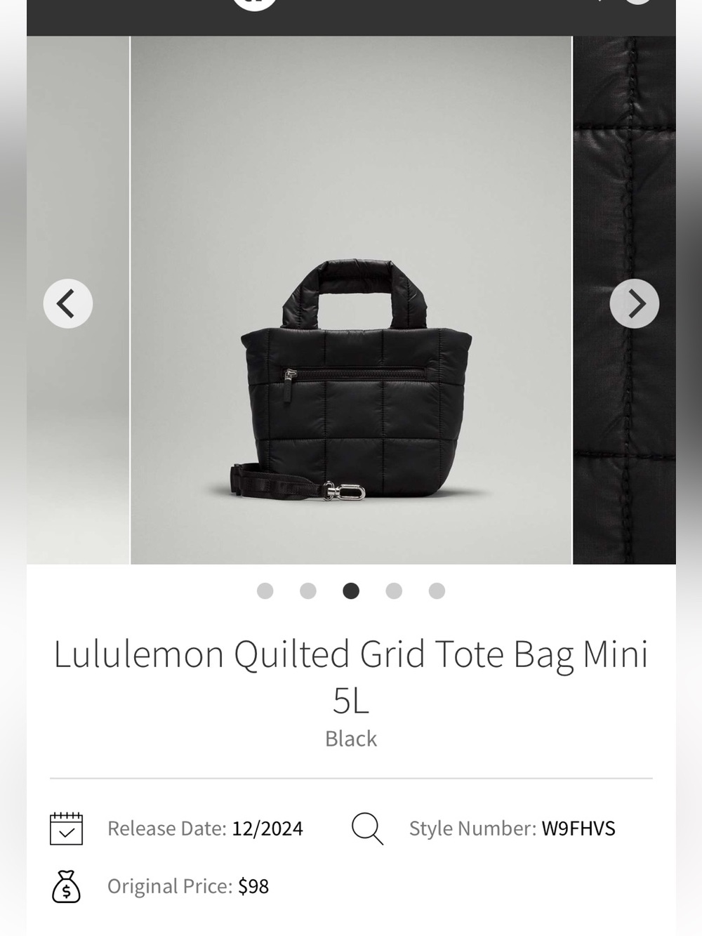 Lululemon black quilted grid tote bag mini 5L like new